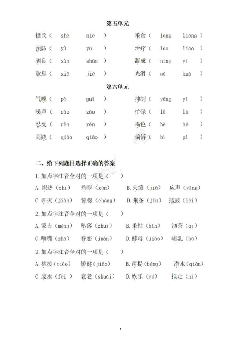 小学语文部编版五年级上册易错字音专项训练题.doc_第2页