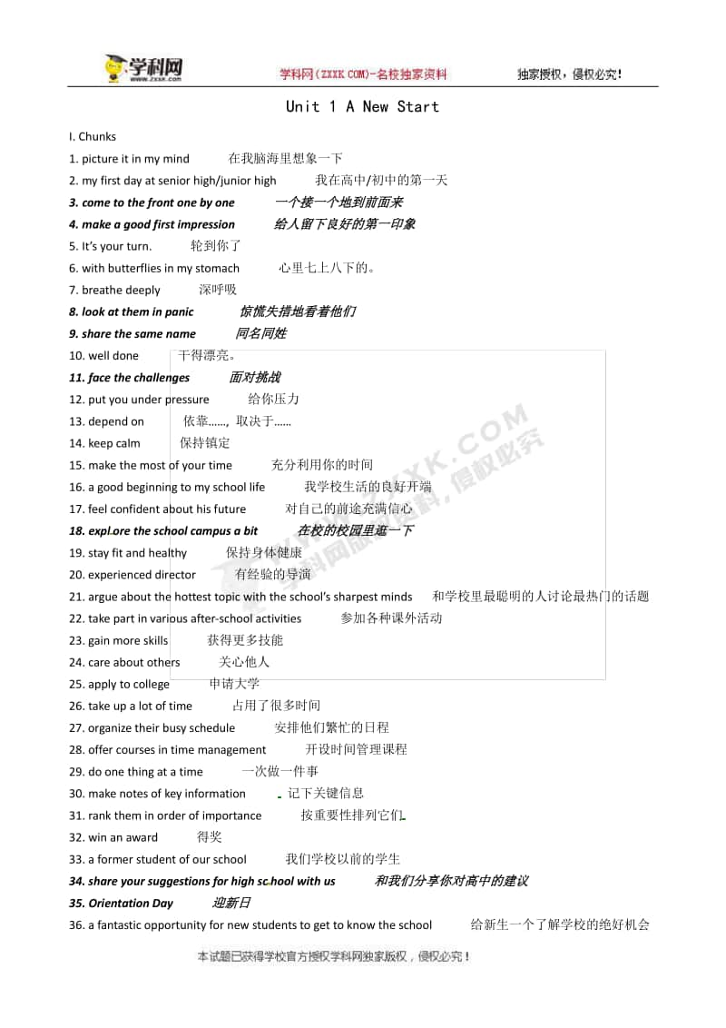 外研2020版高中英语必修第一册单元知识重点背诵学案：Unit 1 A new start（teacher）.docx_第1页