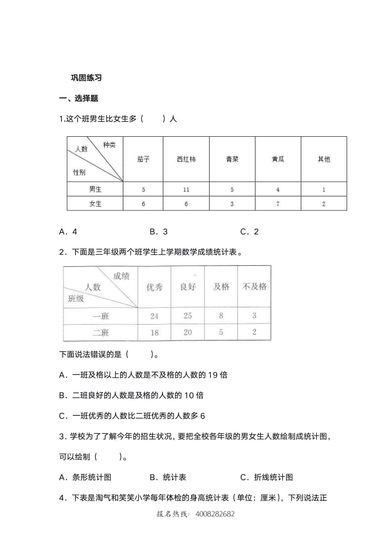 苏州某校苏教版数学四年级上册第四单元《统计表和统计图1》知识点+模拟卷及答案.pdf_第2页