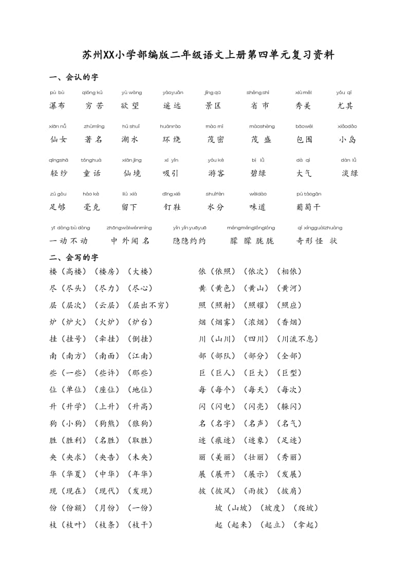 苏州某小学部编版语文二年级上册第四单元复习资料.pdf_第1页