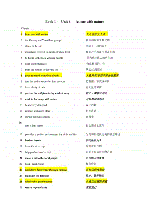 外研2020版高中英语必修第一册单元知识重点背诵学案：Unit 6 At one with nature.docx