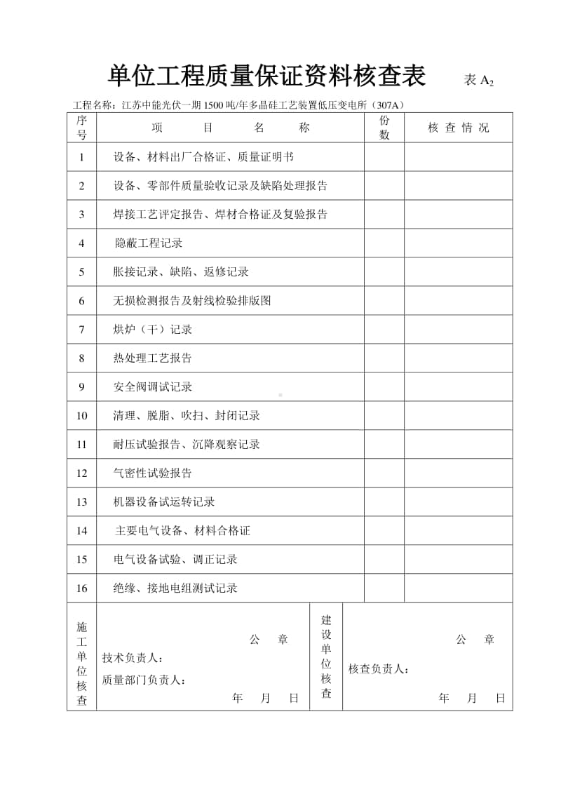 307A单位工程质量保证资料核查表.doc_第1页