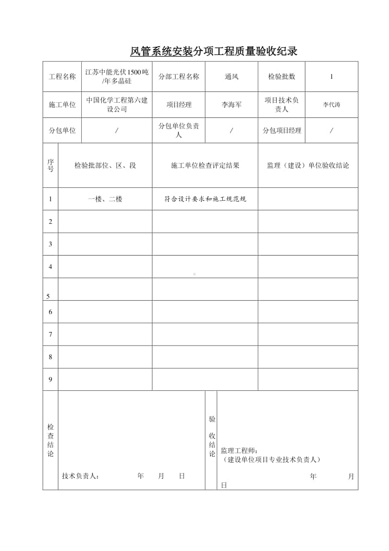 风管系统安装分项工程质量验收纪录.doc_第1页