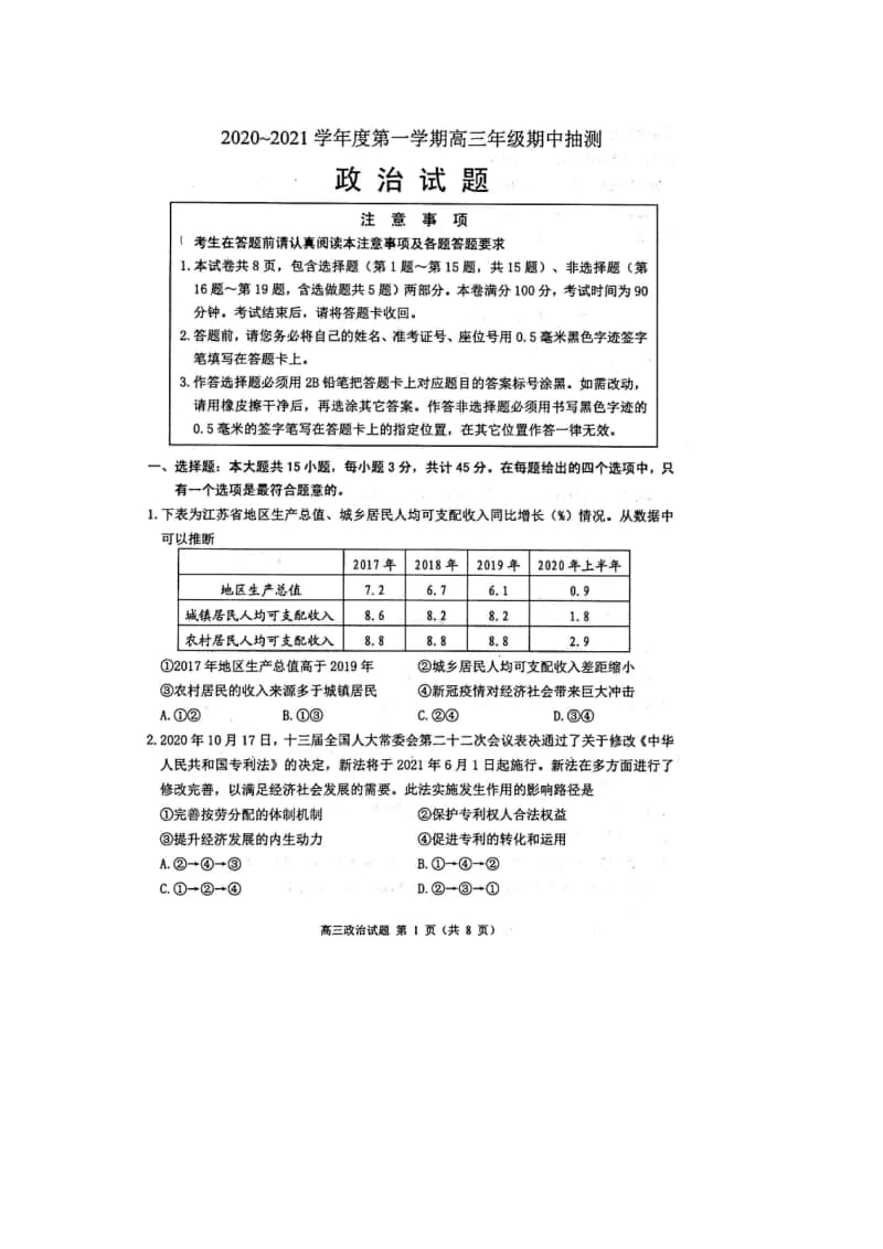 江苏省徐州市2021届高三上学期期中抽测政治试卷含答案.doc_第1页