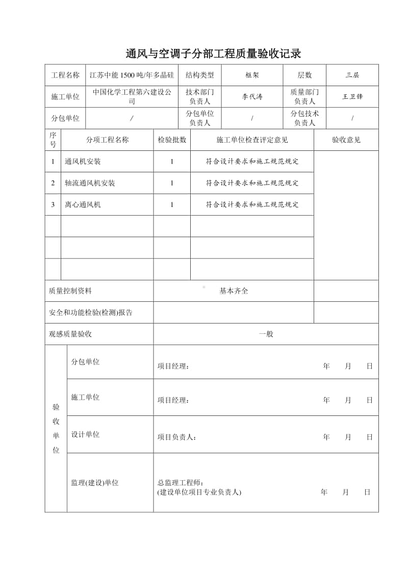 通风与空调子分部工程质量验收记录.doc_第1页