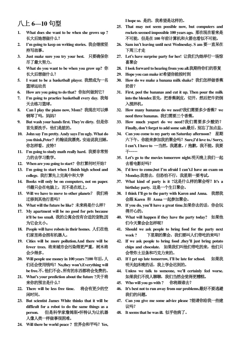 2020年人教版八年级英语上册Unit 6—10短语及句型.doc_第2页