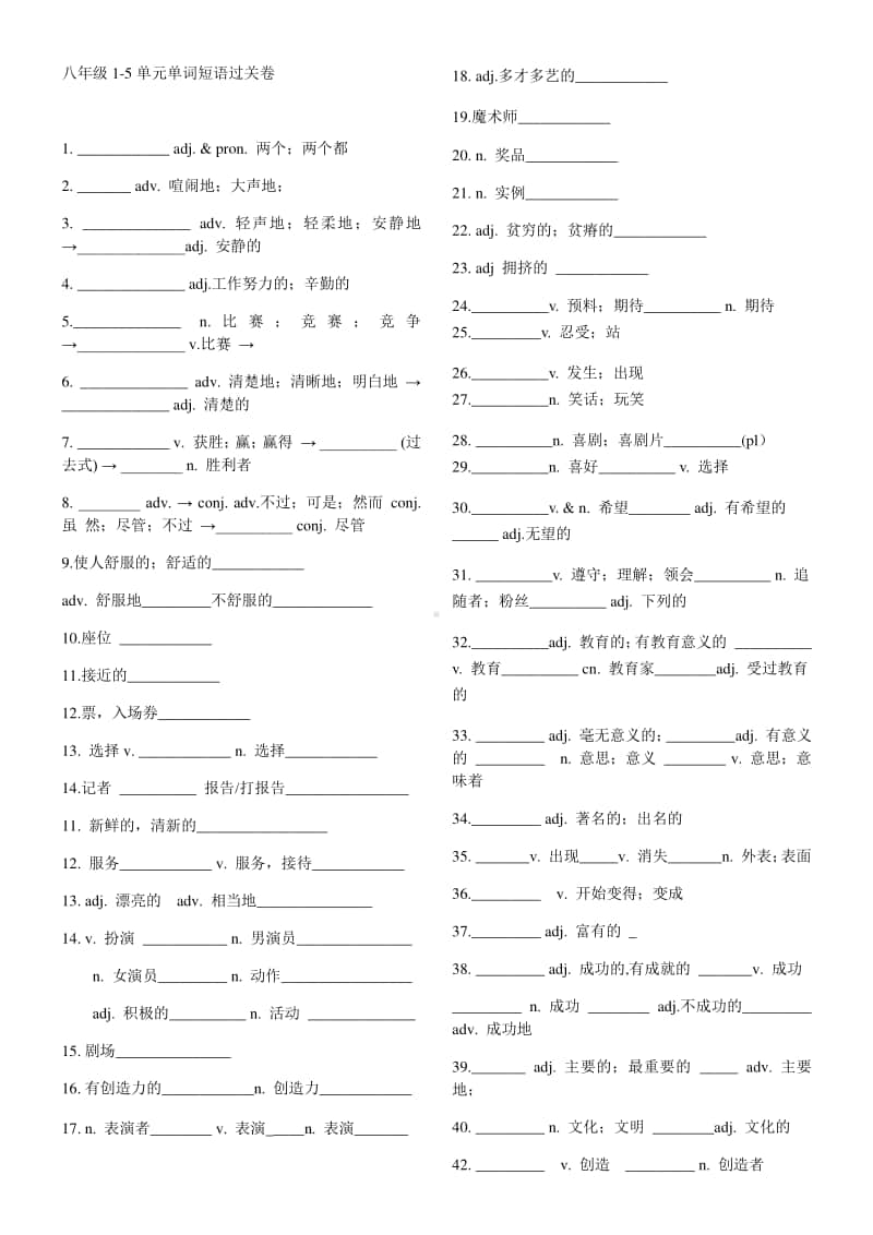 人教版英语八年级上册 Unit1-5单元 综合过关卷 （无答案）.docx_第1页