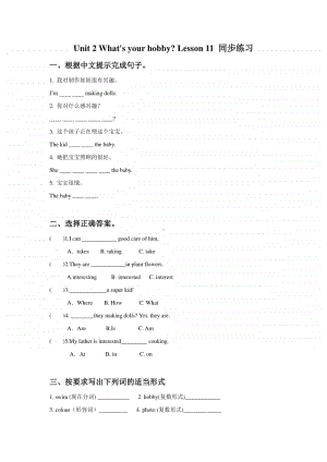 （精）人教精通版（三起）六年级上册英语Unit 2 What’s your hobby Lesson 11 同步练习题 1（含答案+练习）（含答案+练习）.doc