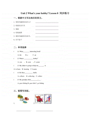 （精）人教精通版（三起）六年级上册英语Unit 2 What’s your hobby Lesson 8 同步练习题 1（含答案+练习）.doc