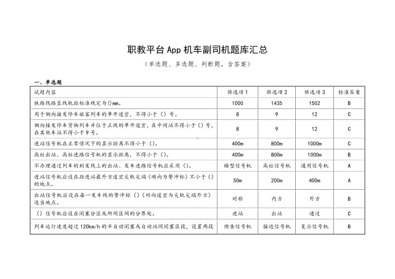 职教平台App机车副司机题库汇总（单选题、多选题、判断题含答案）.docx_第1页