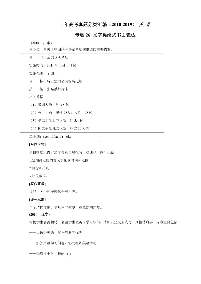 十年高考真题分类汇编（2010-2019） 英语 专题26 文字提纲式书面表达Word版无答案（原卷版） .doc_第1页