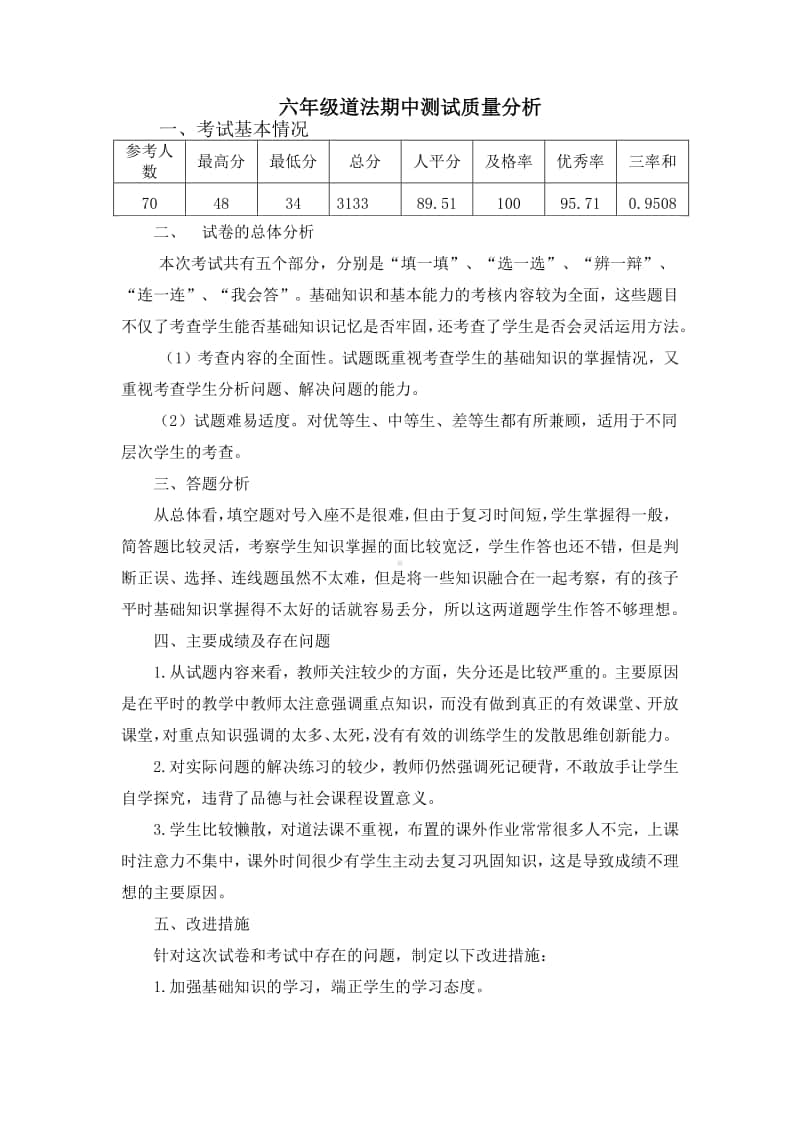 六年级道德与法治上学期期中测试质量分析.docx_第1页