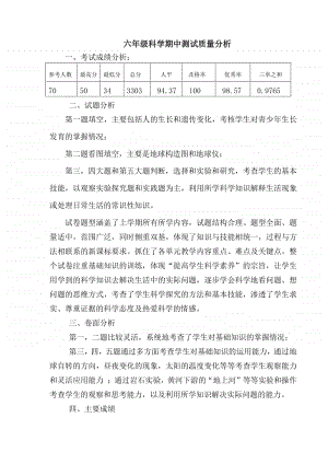 六年级上学期科学期中测试质量分析.doc