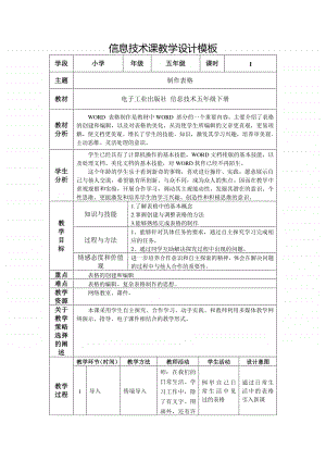 电子工业版（内蒙古）信息技术五年级下册第11课 制作表格 教学设计 (1).doc