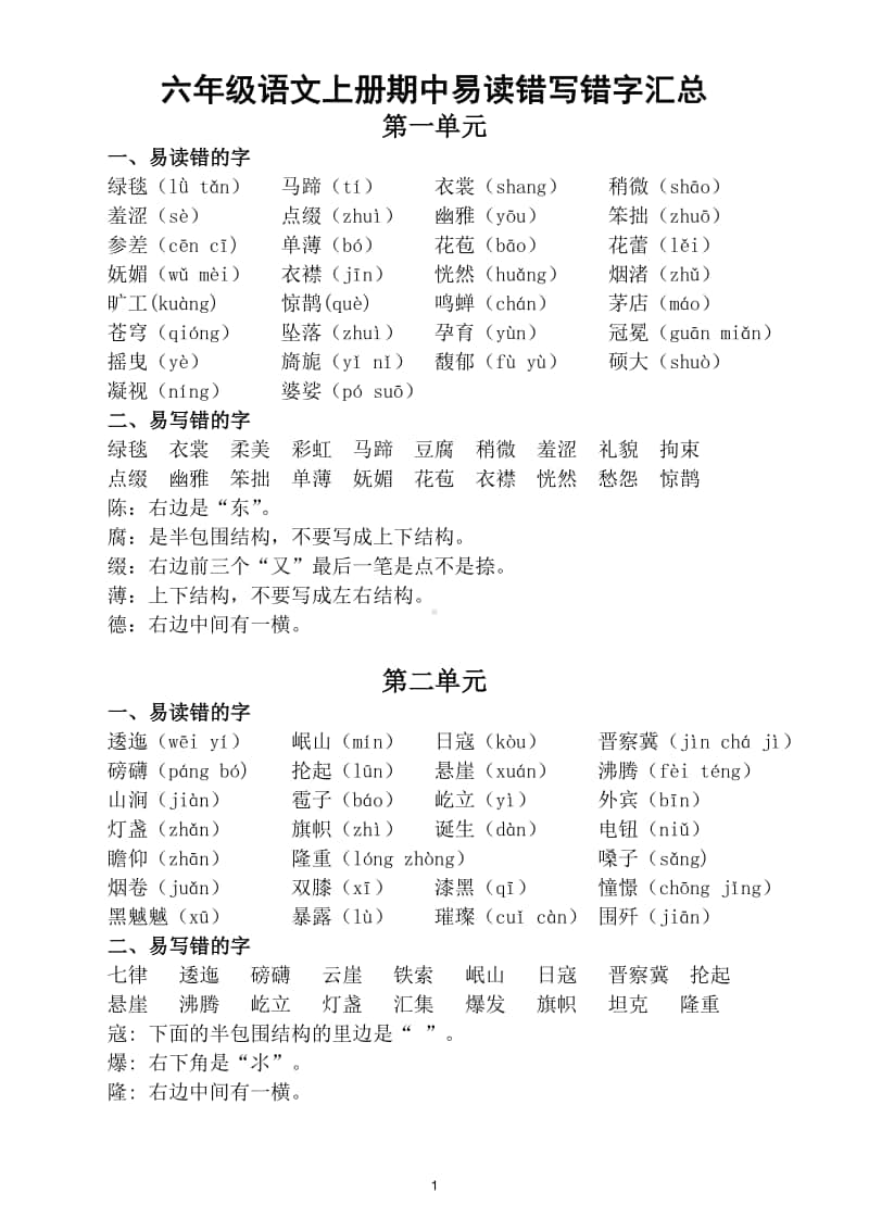 小学语文部编版六年级上册期中复习易读错写错字汇总.doc_第1页