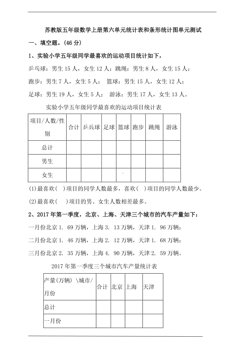 苏教版五年级上册《数学》第六单元统计表和条形统计图单元测试（含答案）.doc_第1页