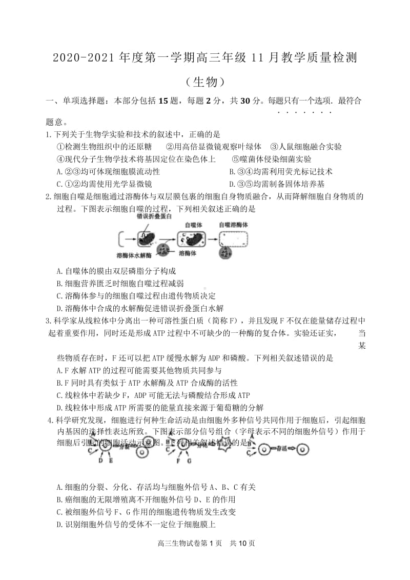 （生物）江苏省镇江市七校2021届高三上学期11月期中教学质量检测生物.doc_第1页