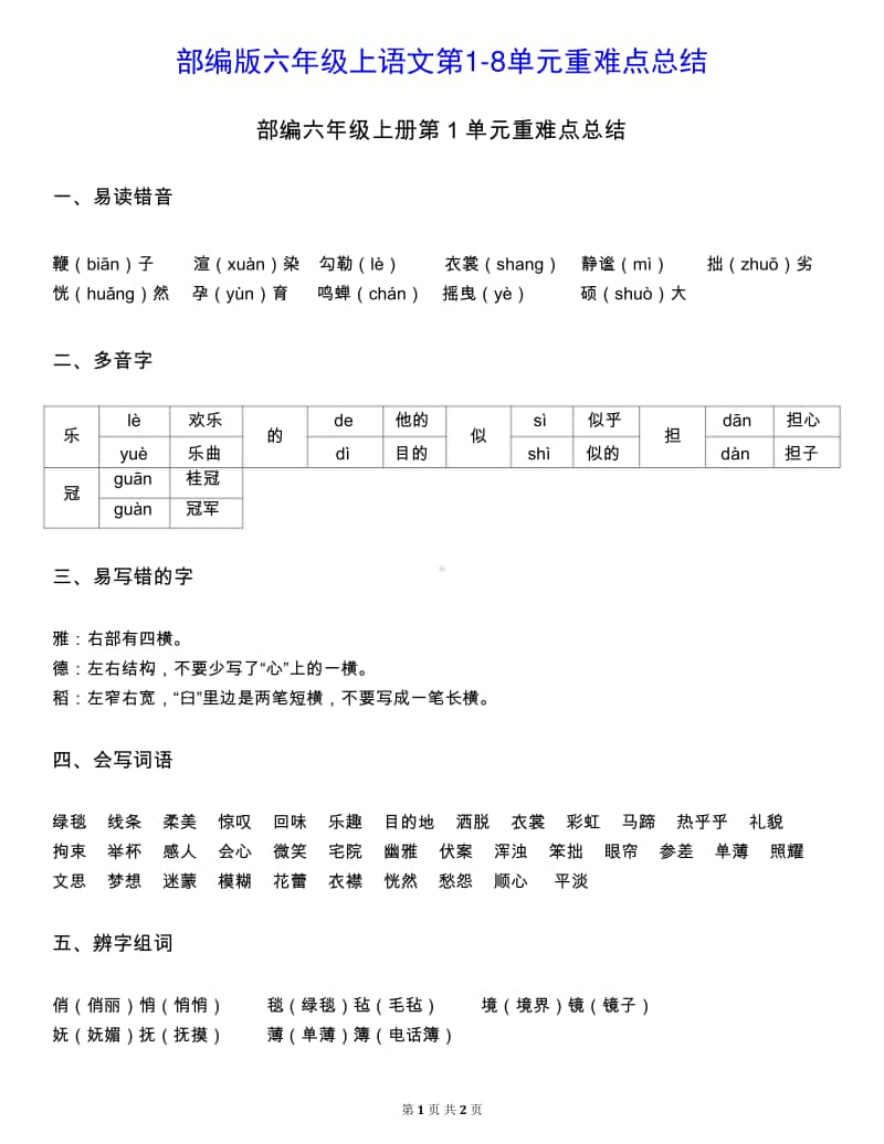 （重难点总结）部编六上1-8单元.doc_第1页