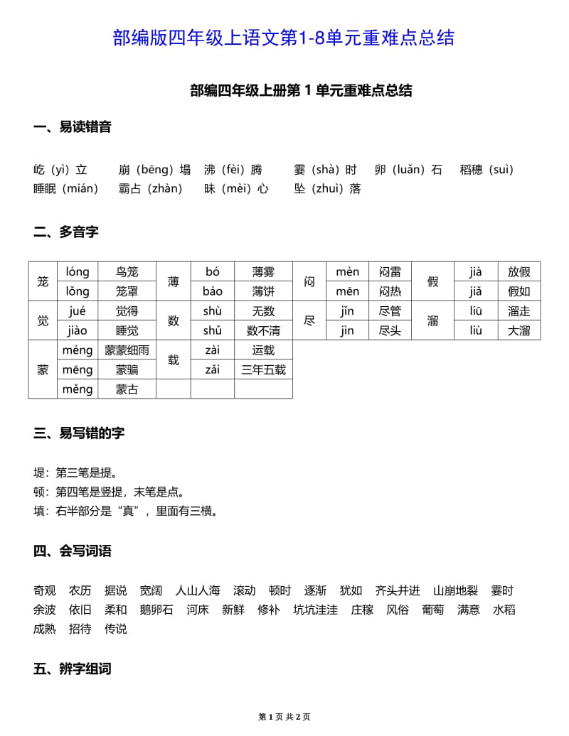 （重难点总结）部编四上1-8单元.pdf_第1页