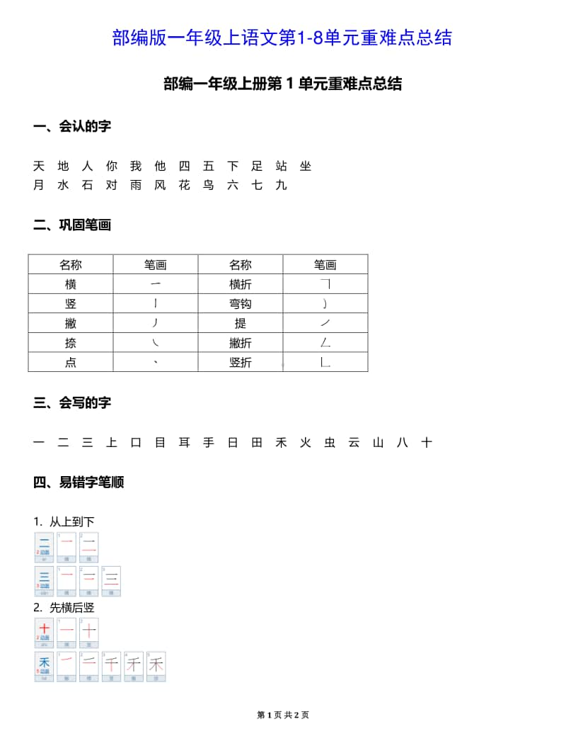 部编1-6年级上册语文第1-8单元（重难点总结）汇总.pdf_第1页