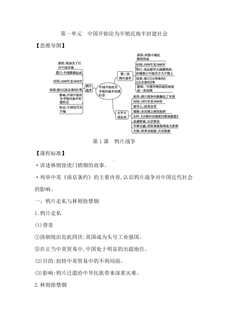 人教部编版八年级上册《历史》必背知识点素材：第一单元　中国开始沦为半殖民地半封建社会.doc_第1页