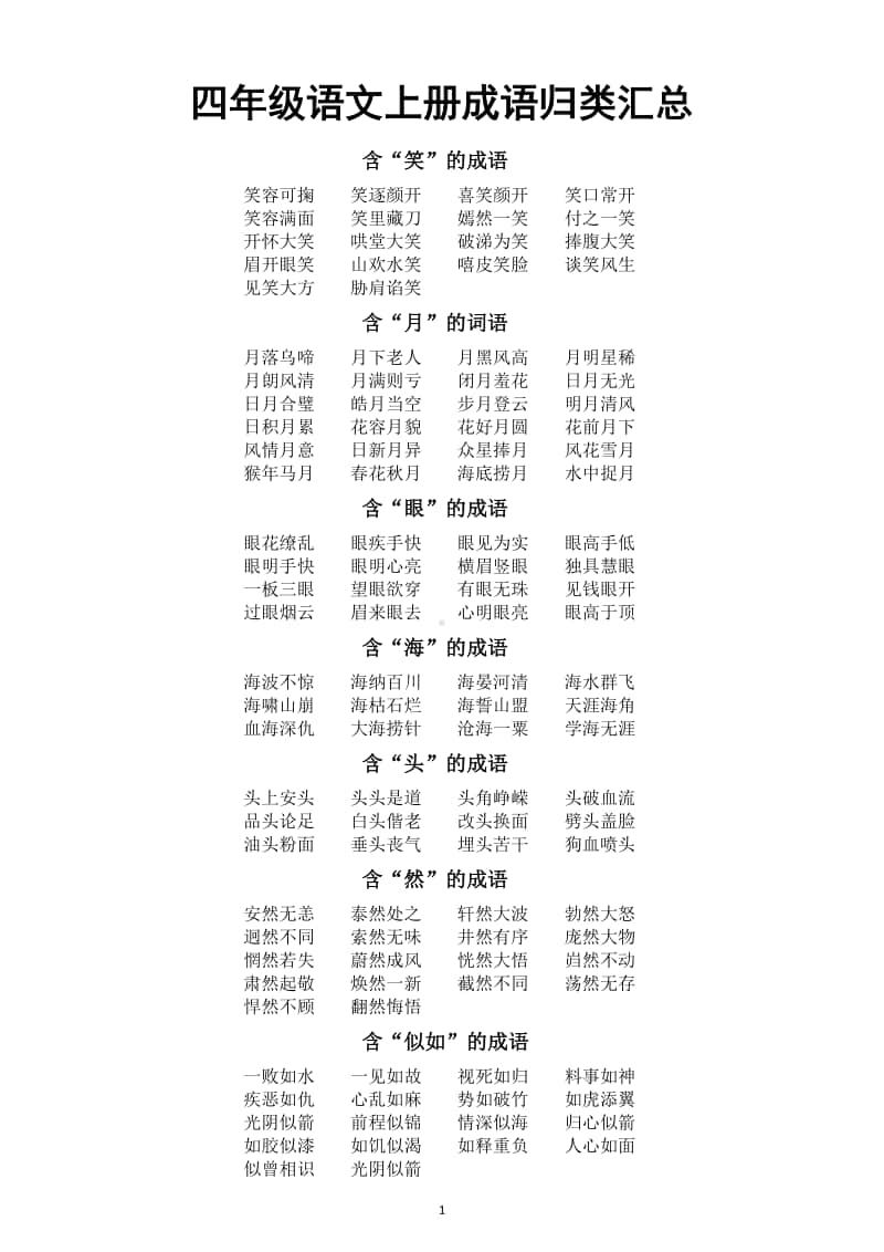 小学语文部编版四年级上册成语归类汇总.docx_第1页