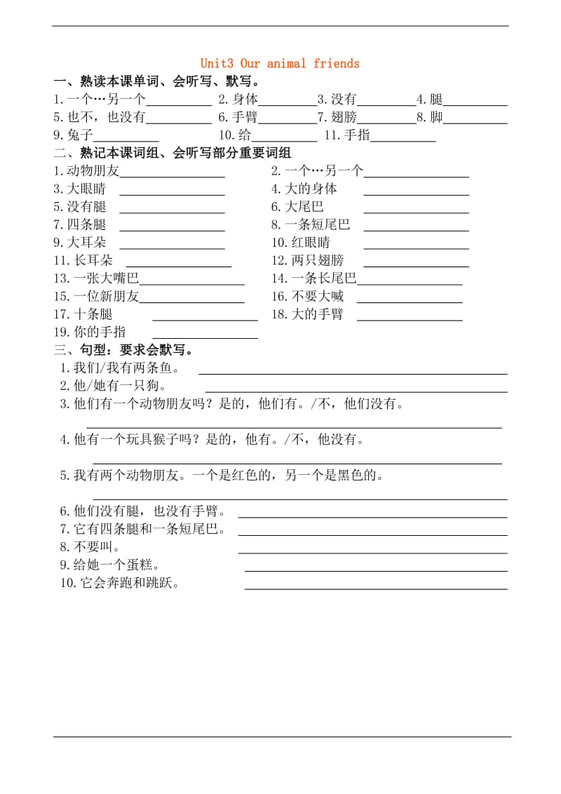 牛津译林版五年级上册英语Unit3单词、词组、句子空白版默写+.doc_第1页