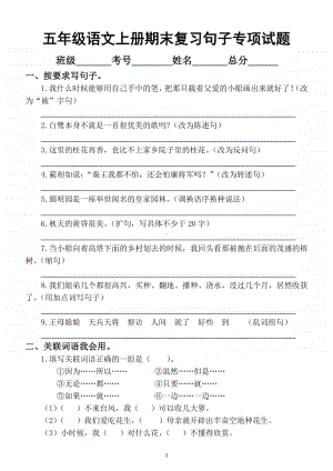 小学语文部编版五年级上册期末复习句子专项练习题.docx