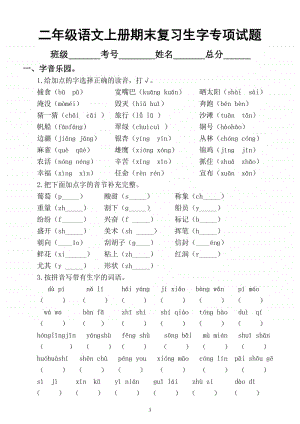 小学语文部编版二年级上册期末复习生字专项练习题.docx