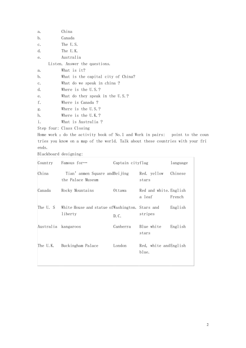 冀教版（三起）五年级上册《英语》Unit2MyCountryandEnglish-speakingCountriesAgainPlease教案.doc_第2页