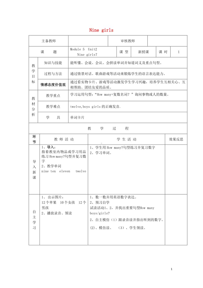 外研版（三起）三年级上册《英语》Module5Unit2Ninegirls导学案.doc_第1页