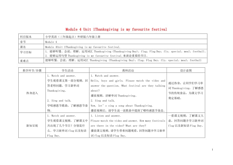 外研版（三起）六年级上册《英语》Module4Unit1Thanksgivingismyfavouritefestival教案.doc_第1页