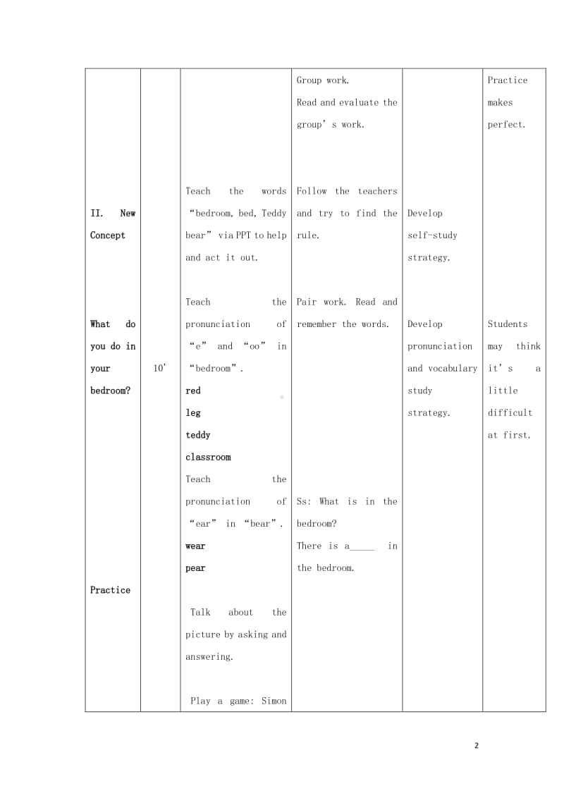 冀教版（三起）四年级上册《英语》Unit2AtHomeLesson9IntheBedroom教案设计.doc_第2页