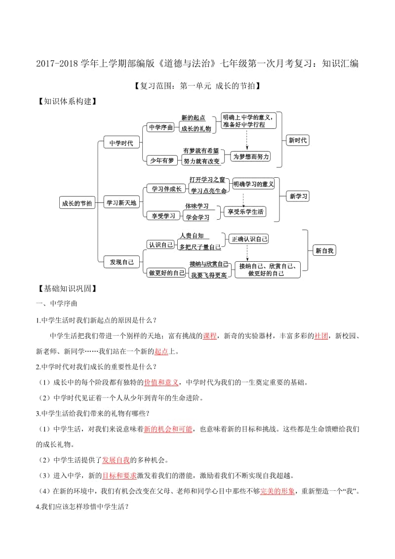 人教部编版七年级上册道德与法治第一次月考复习：知识点汇编（教师版）.doc_第1页