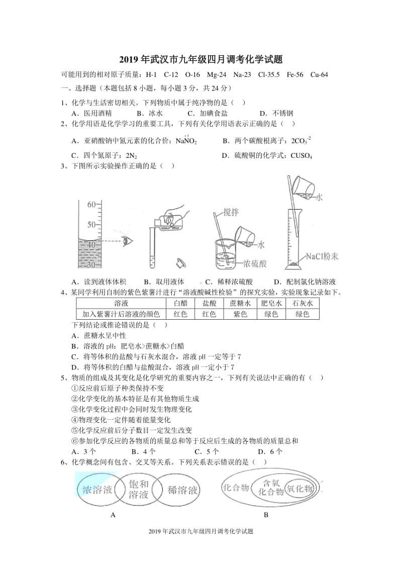 2019年武汉市九年级四月调考化学试题(无答案).doc_第1页