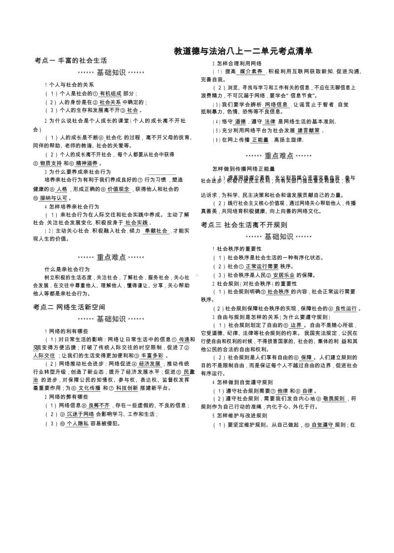 人教部编版八年级上册道德与法治一二单元重点难点+易混易错知识点清单.docx_第1页