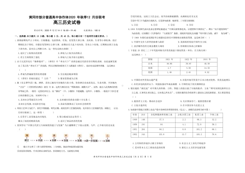 湖北省黄冈市部分普通高中2021届高三上学期12月联考历史试卷 Word版含答案.docx_第1页