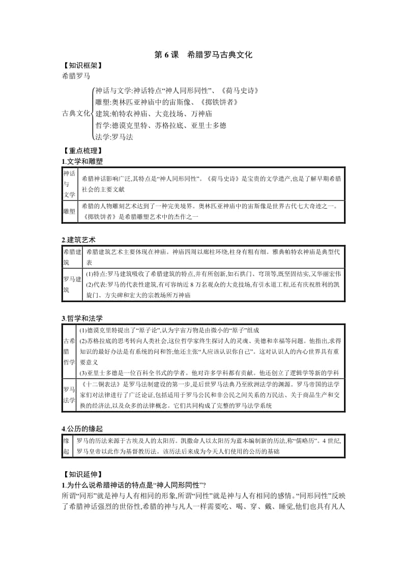 人教部编版九年级上册历史第6课 希腊罗马古典文化知识点总结.docx_第1页