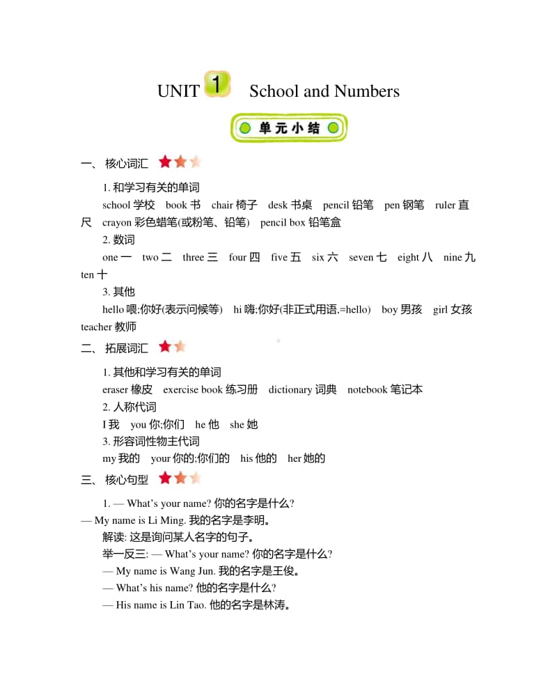 冀教版（三起）三年级上册英语 Unit 1 School and Numbers知识清单.docx_第1页