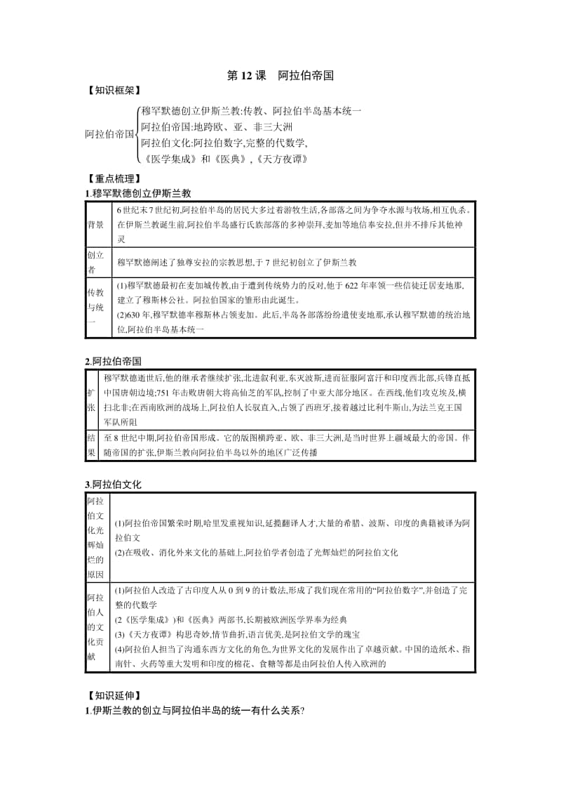 人教部编版九年级上册历史第12课 阿拉伯帝国 知识点总结.docx_第1页