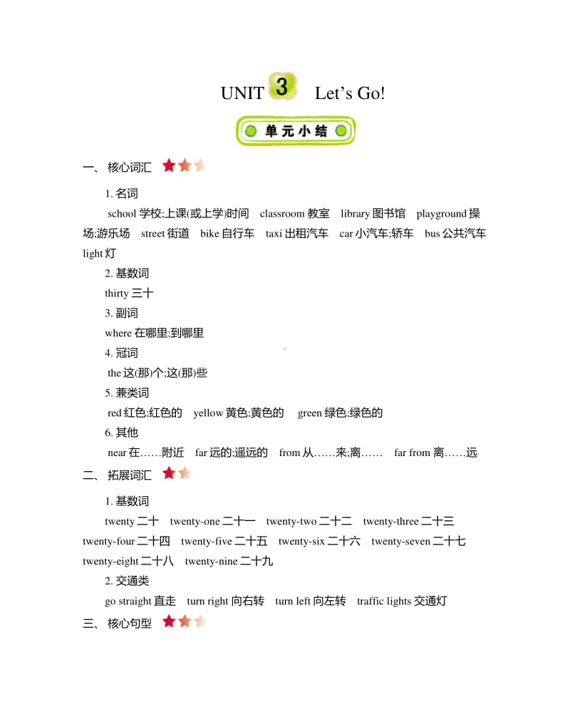 冀教版（三起）四年级上册英语 Unit 3 Let's Go! 知识清单.docx_第1页