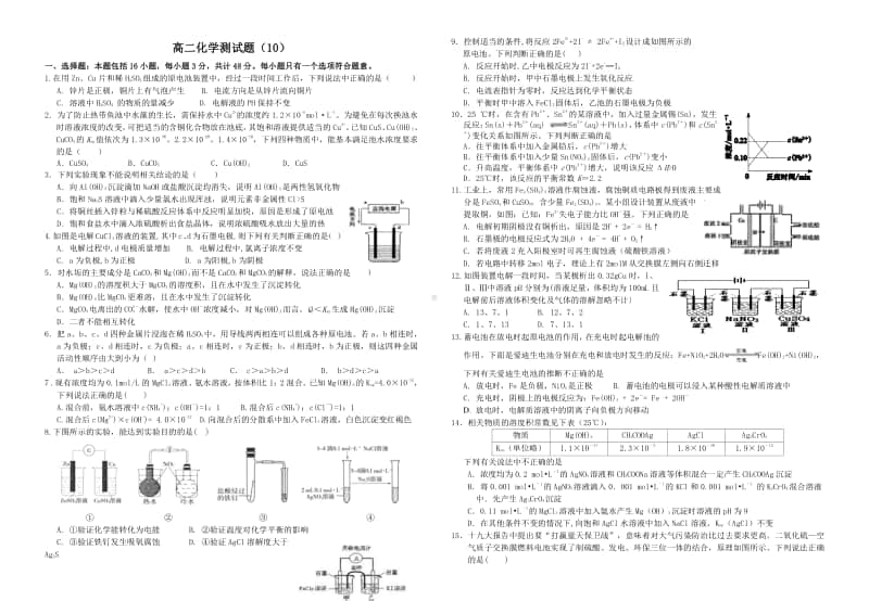 化学选修4《化学反应原理》高二年级期末检测化学试题+答题卡+答案(10).doc_第1页