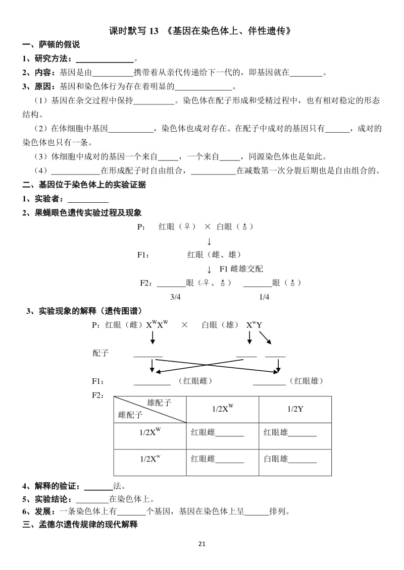 学考复习默写13-基因在染色体上、伴性遗传（含答案）.doc_第1页