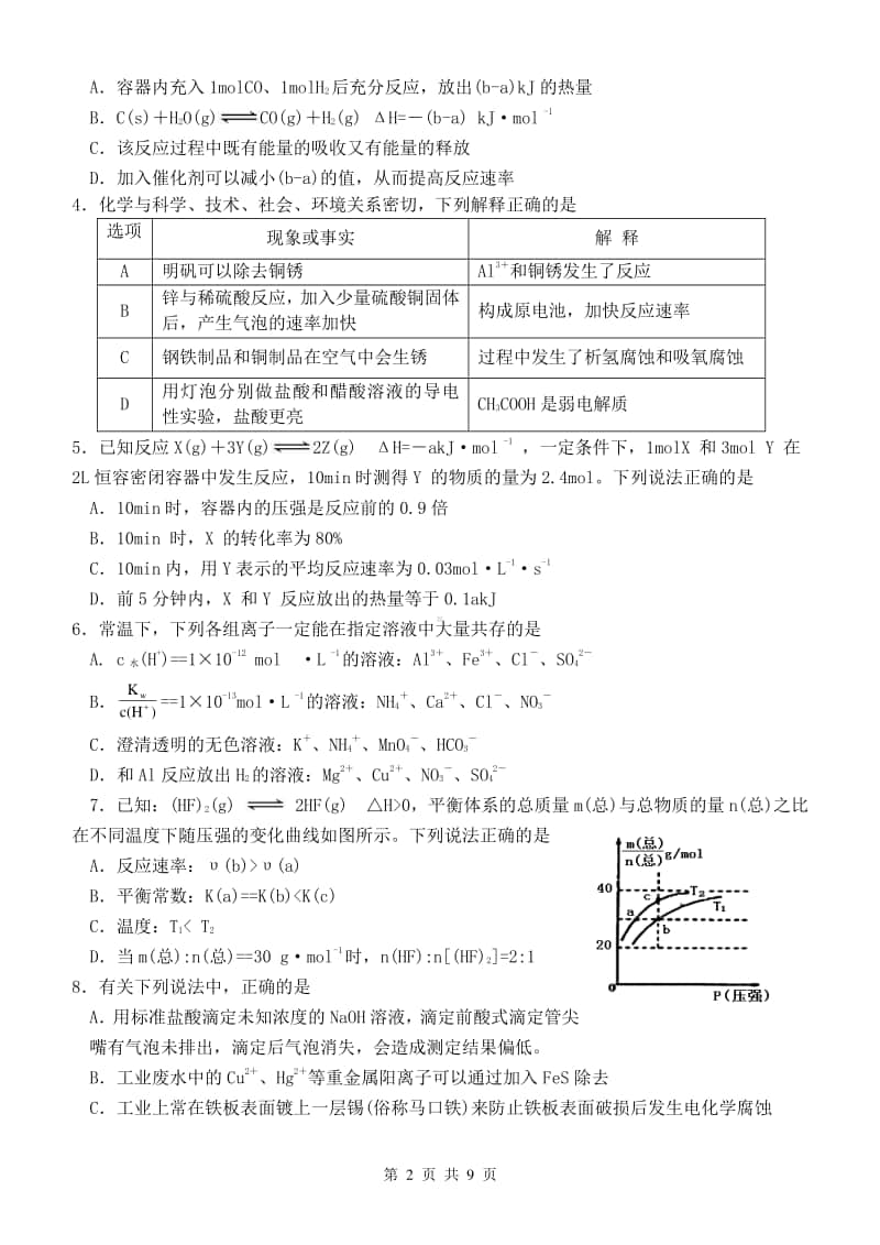 微山一中2019级高二第一学期第二次月考化学试题2020年12月13日.doc_第2页