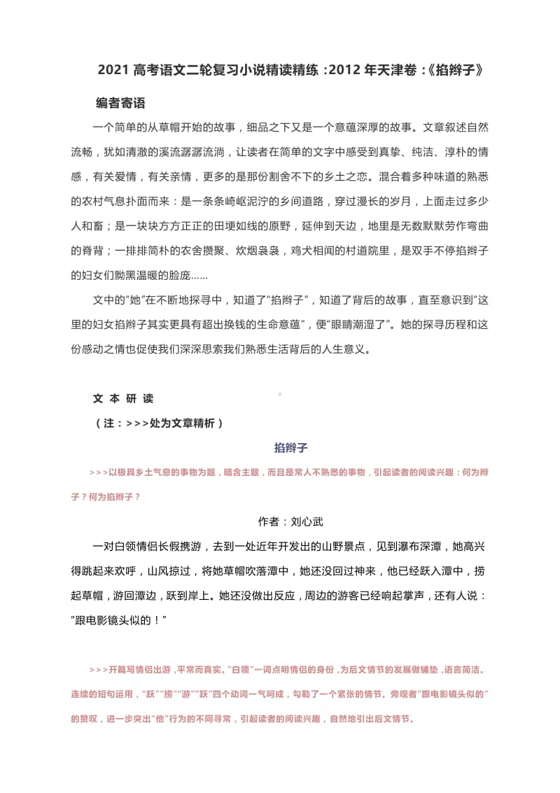 2021高考语文二轮复习小说精读精练：2012年天津卷：《掐辫子》.docx_第1页