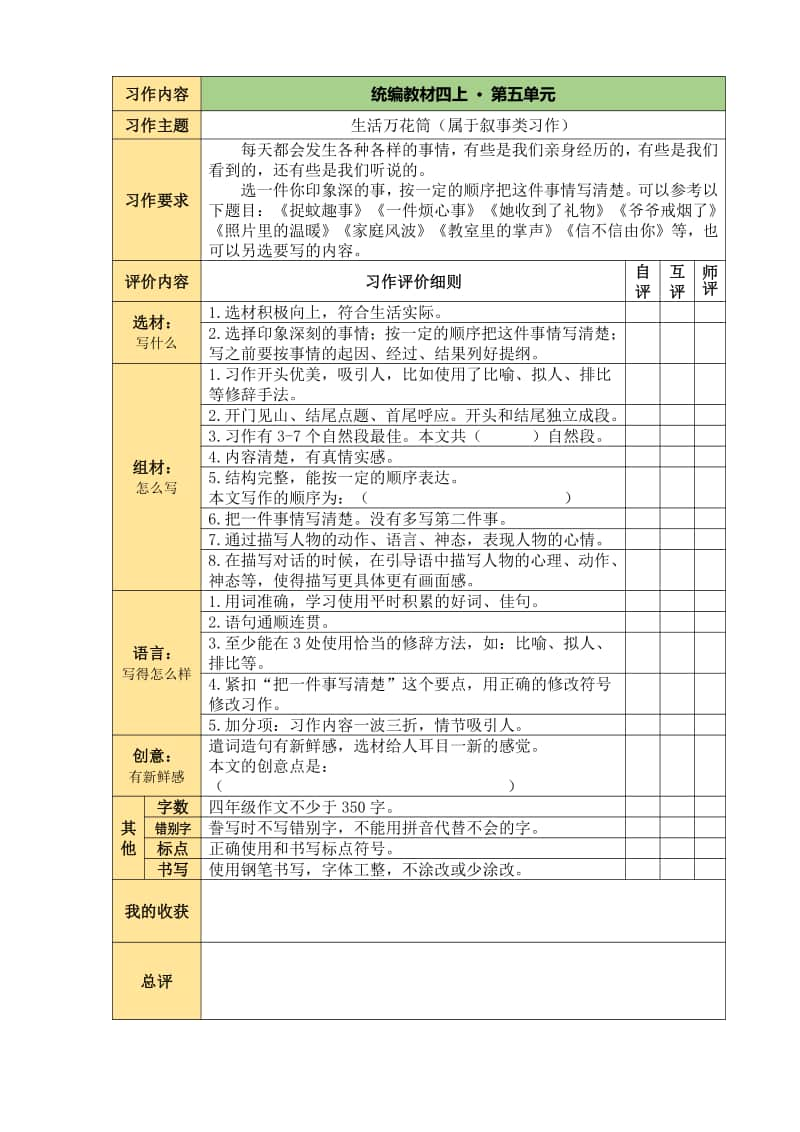 部编版语文 四上第五单元单元：习作评价表.pdf_第1页