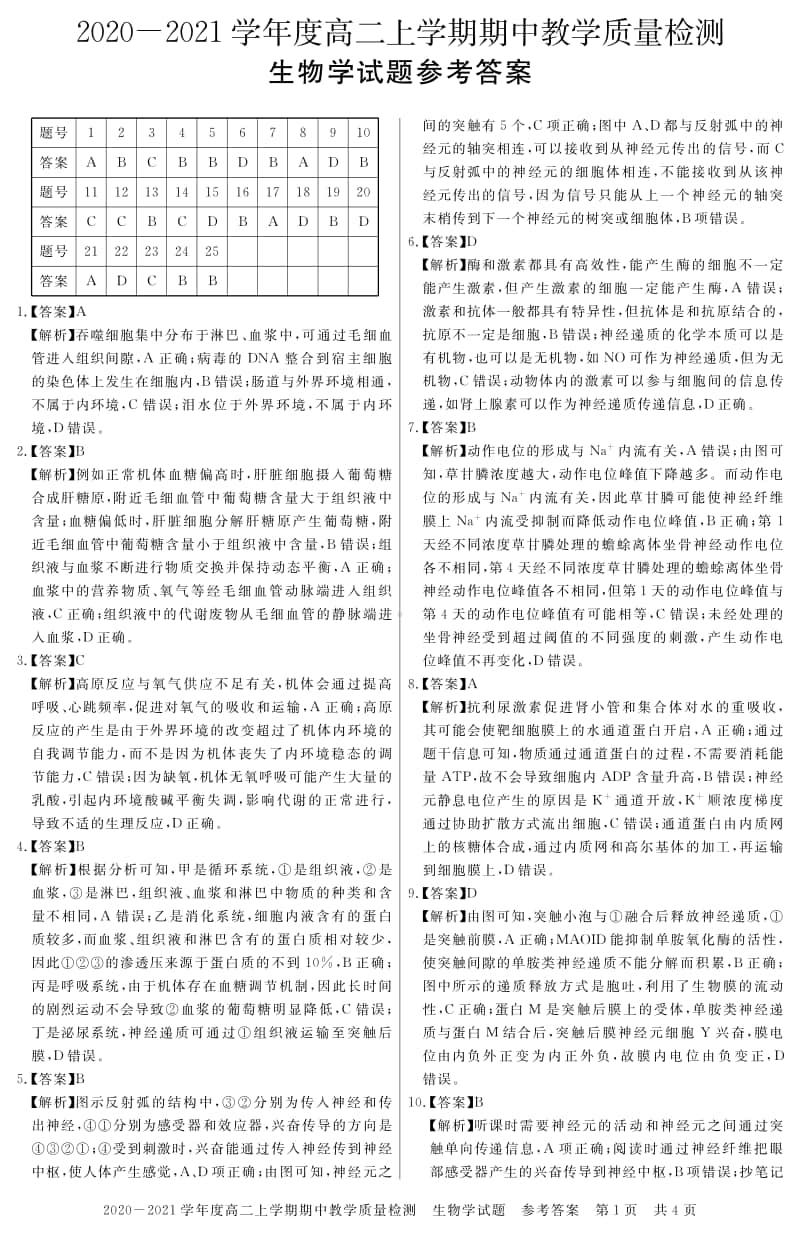 河南省信阳市2020-2021学年度高二上学期期中教学质量检测生物答案.pdf_第1页