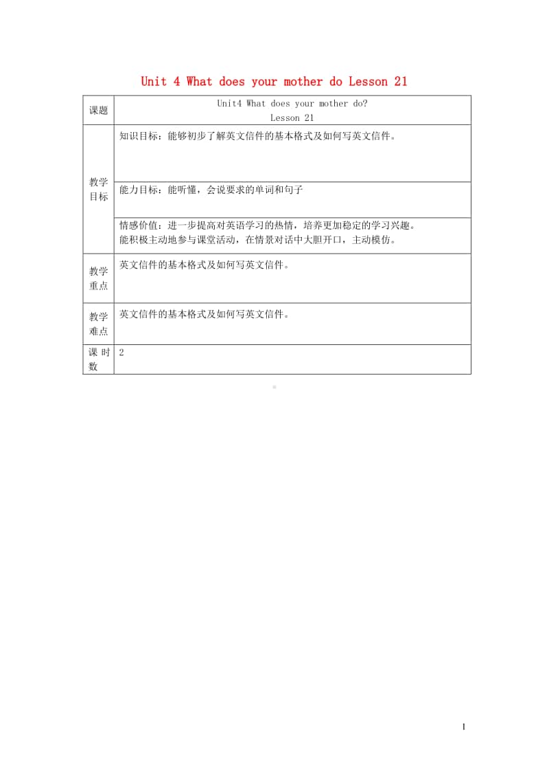 人教精通版（三年级起点）五年级上册英语Unit4WhatdoesyourmotherdoLesson21教案.doc_第1页