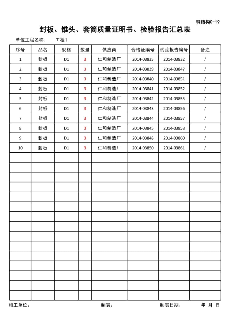 (上海市新版)封板、锥头、套筒质量证明书、检验报告汇总表.xlsx_第1页