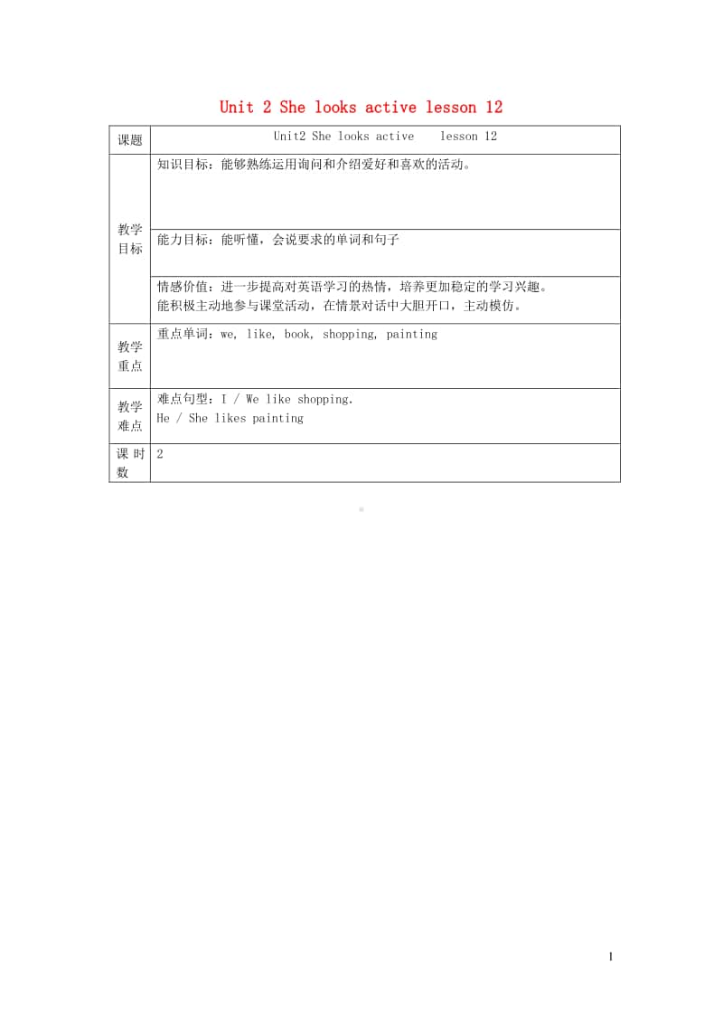 人教精通版（三年级起点）五年级上册英语Unit2Shelooksactivelesson12教案.doc_第1页